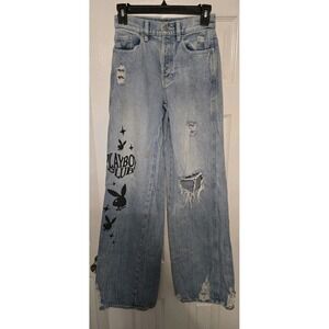 Pacsun Playboy Club Jeans Womens 23 Blue Light Wash Denim Distressed Wide Leg